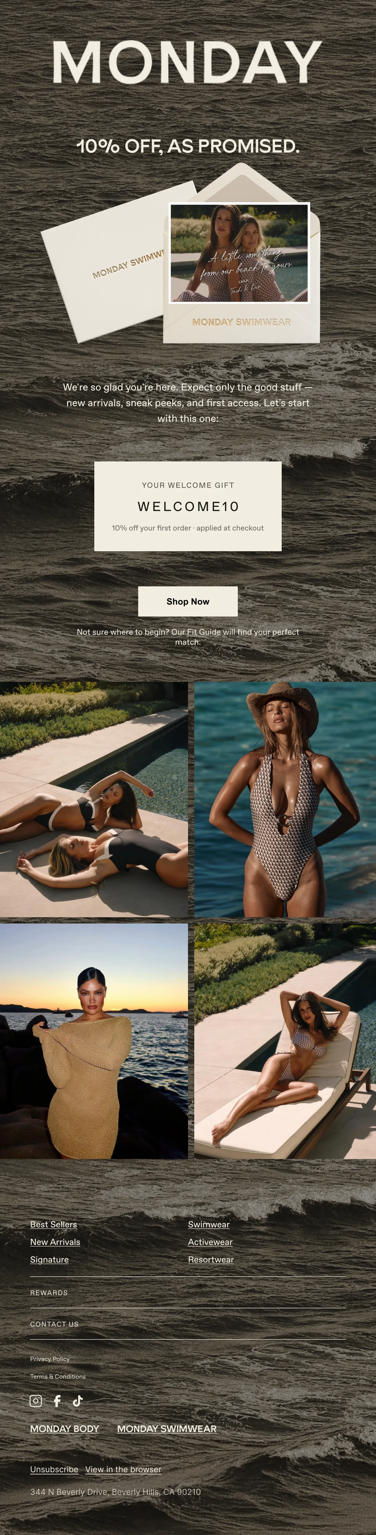 '10% off, as promised.' welcome email — Monday Swimwear spec, full scrolling view